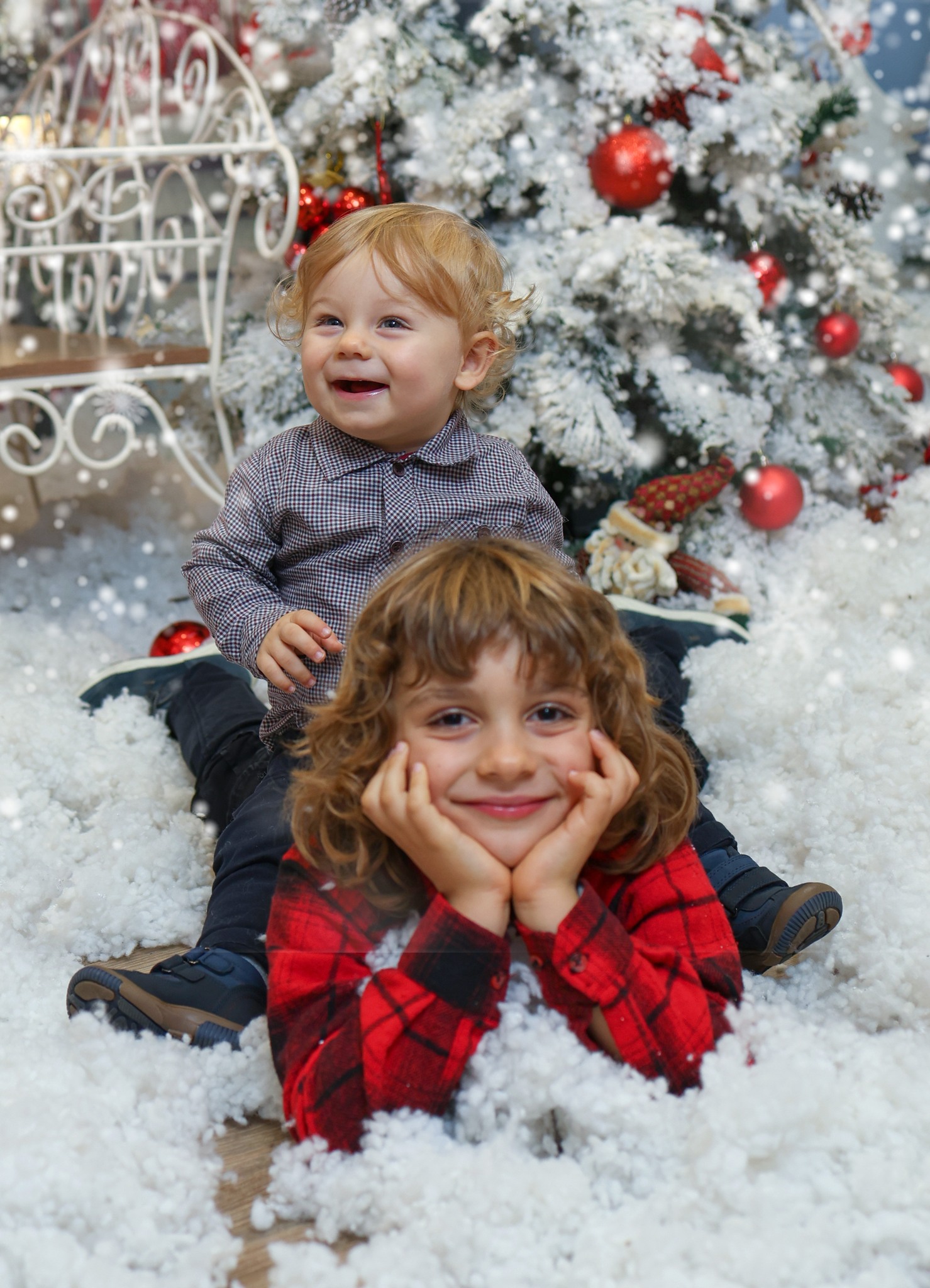 Две браќа позираат во снег со Божиќно дрво