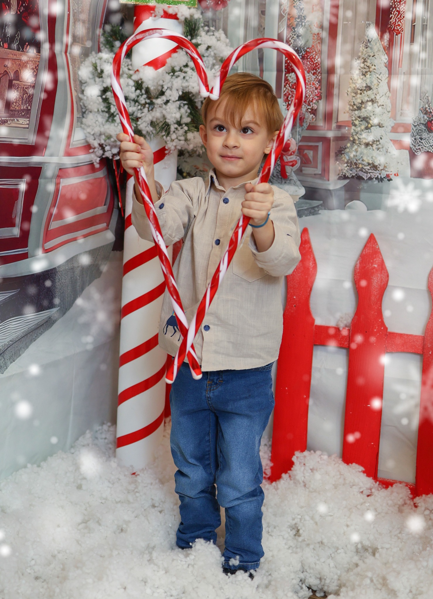 Момче држи две шеќерни трски во студио